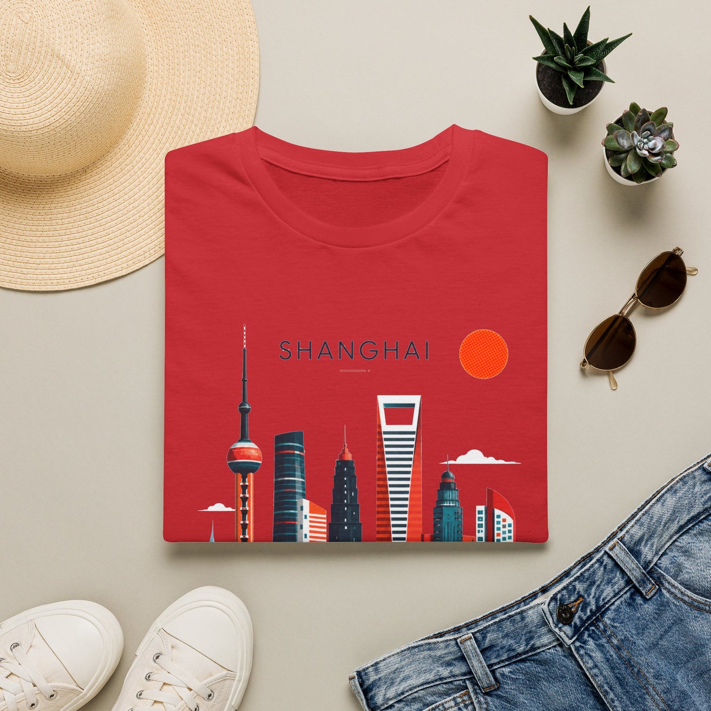 Shanghai Skyline T‑Shirt — Retro Red Sun Cityscape Tee