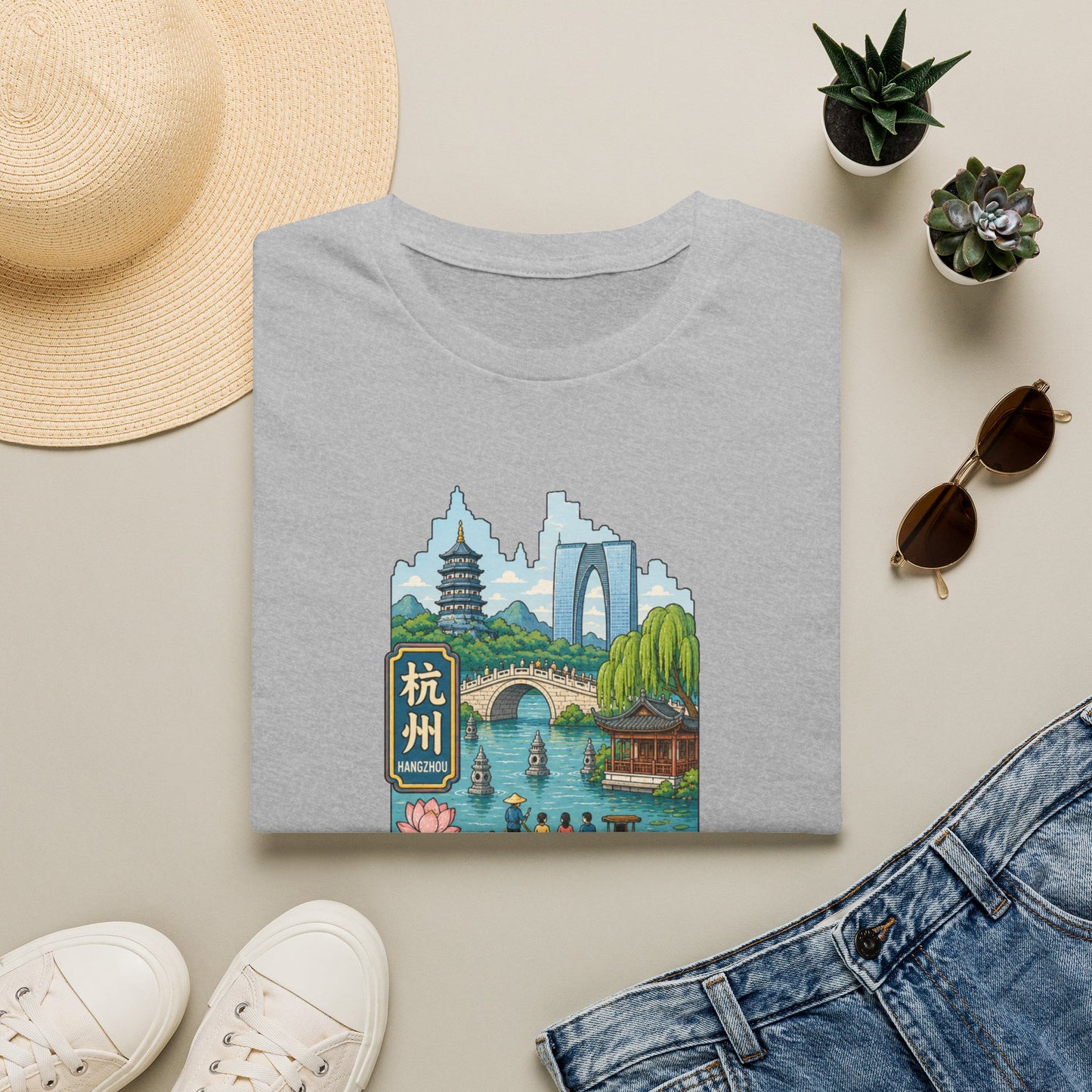 Hangzhou Scenic T-Shirt — West Lake Pagoda & Bridge Illustration