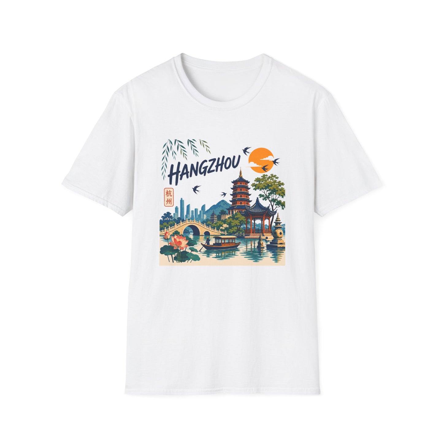 Hangzhou Travel Tee — Scenic Pagoda, Skyline & Sunset Graphic T-Shirt