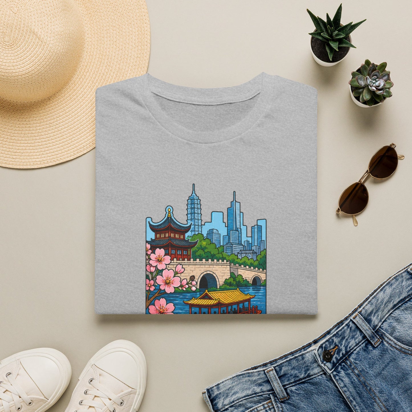Nanjing Cityscape T-Shirt — Cherry Blossoms, Pagoda & Skyline Travel Shirt