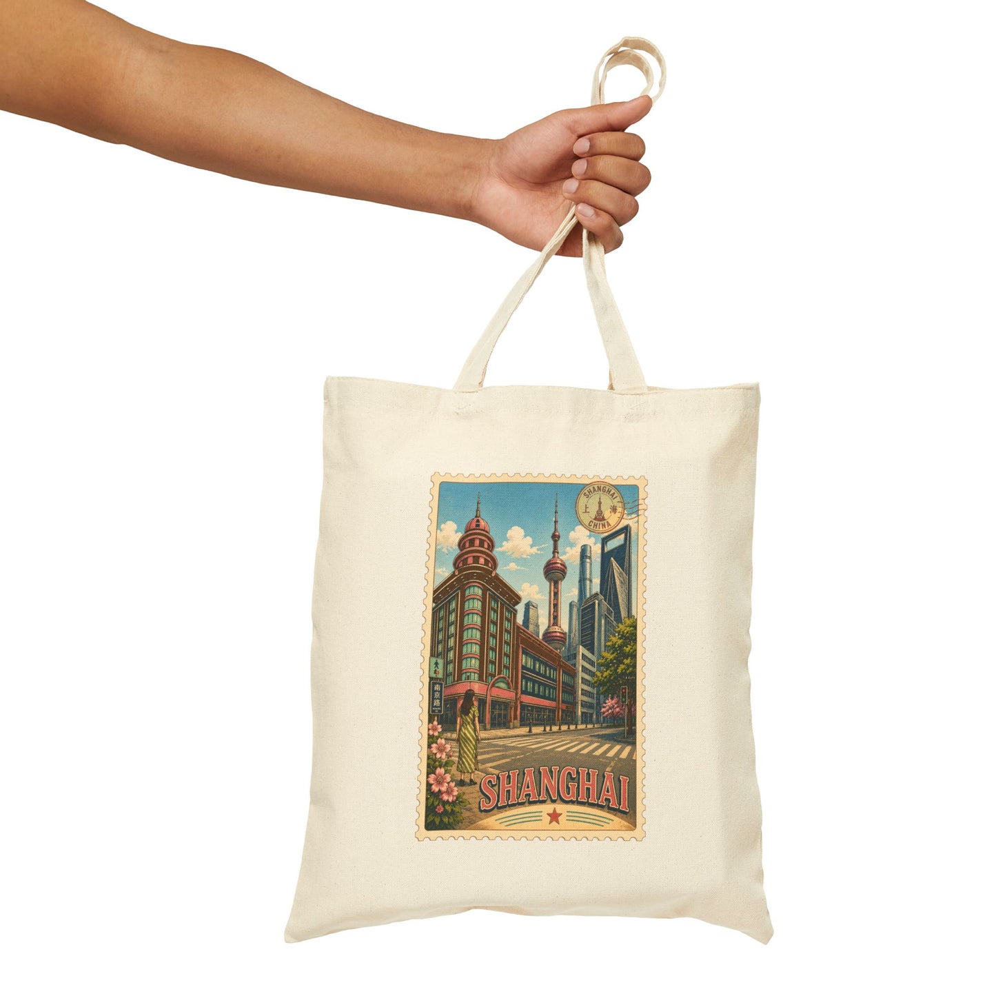 Shanghai Vintage Travel Tote — Cotton Canvas Cityscape Bag