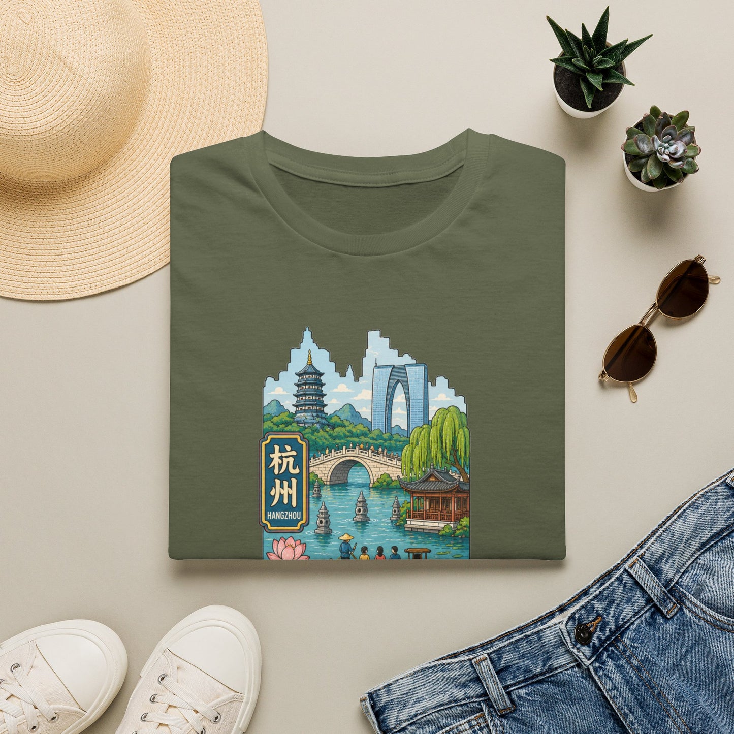 Hangzhou Scenic T-Shirt — West Lake Pagoda & Bridge Illustration