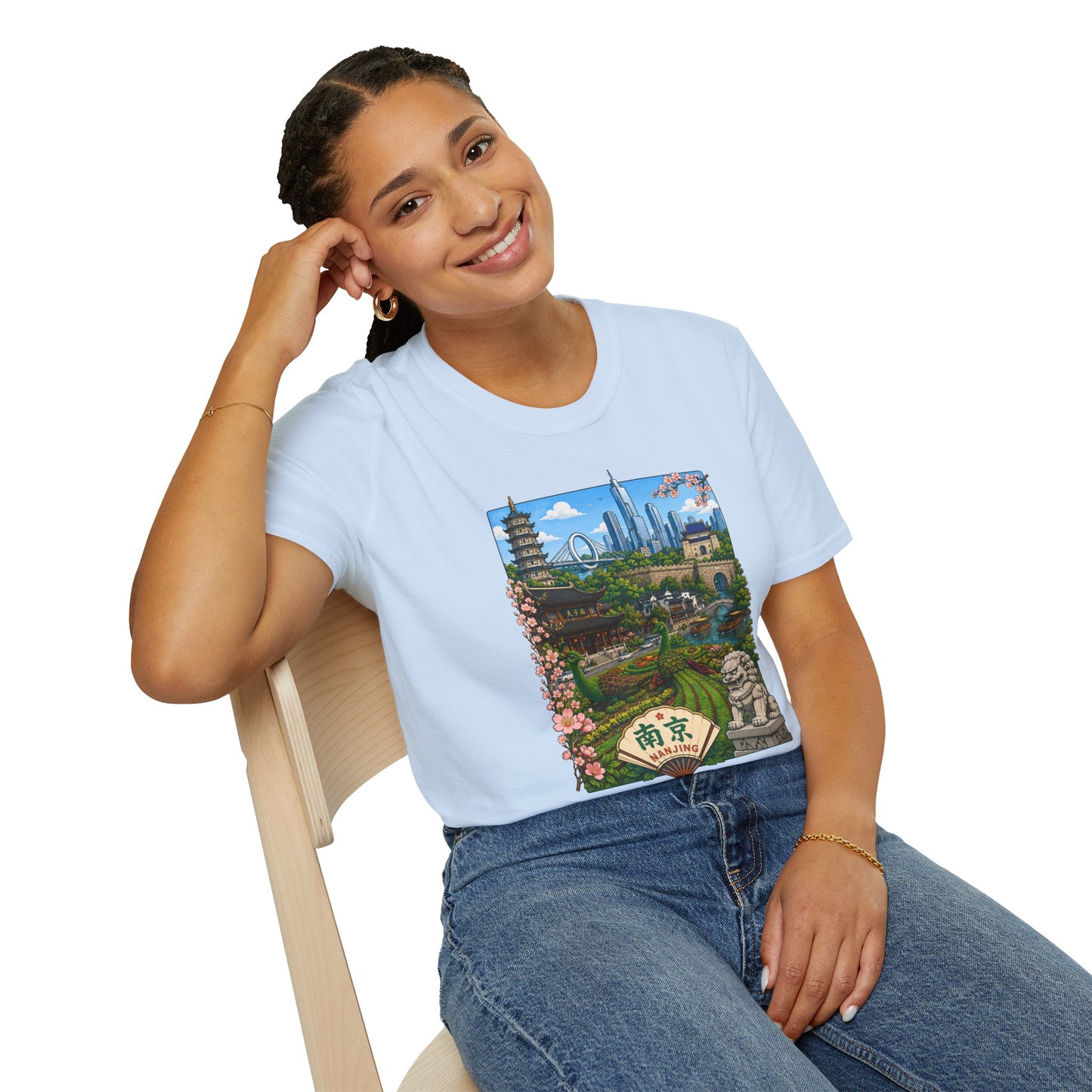 Nanjing Skyline T-Shirt — Scenic Cityscape with Pagoda & Cherry Blossoms