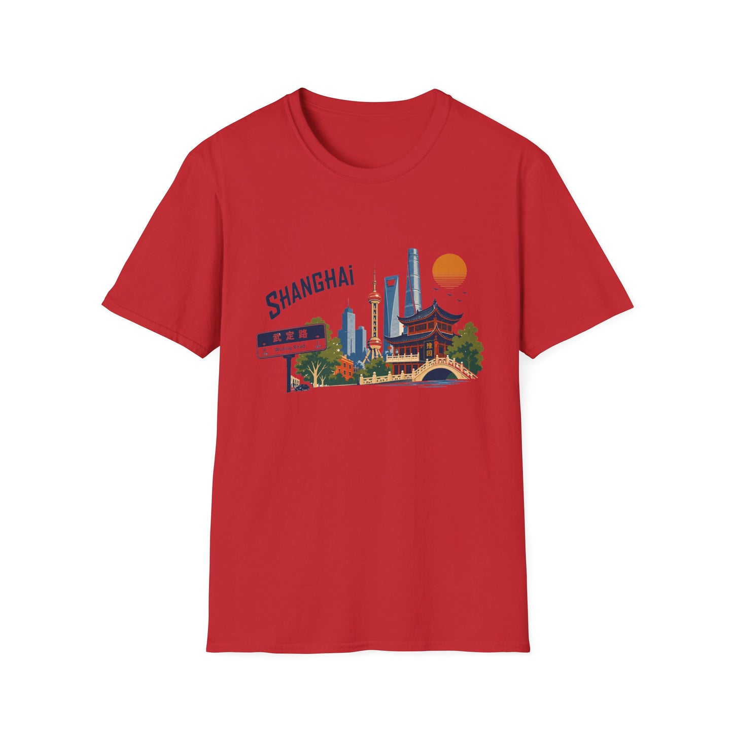 Shanghai Skyline T-Shirt — Retro Cityscape Tee with Oriental Pagoda & Street Sign