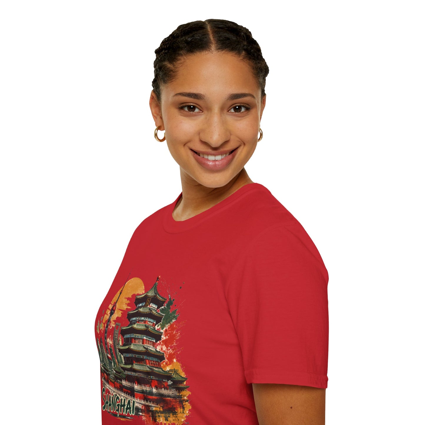 Shanghai Skyline T-Shirt — Watercolor Pagoda & Oriental Sunset Graphic