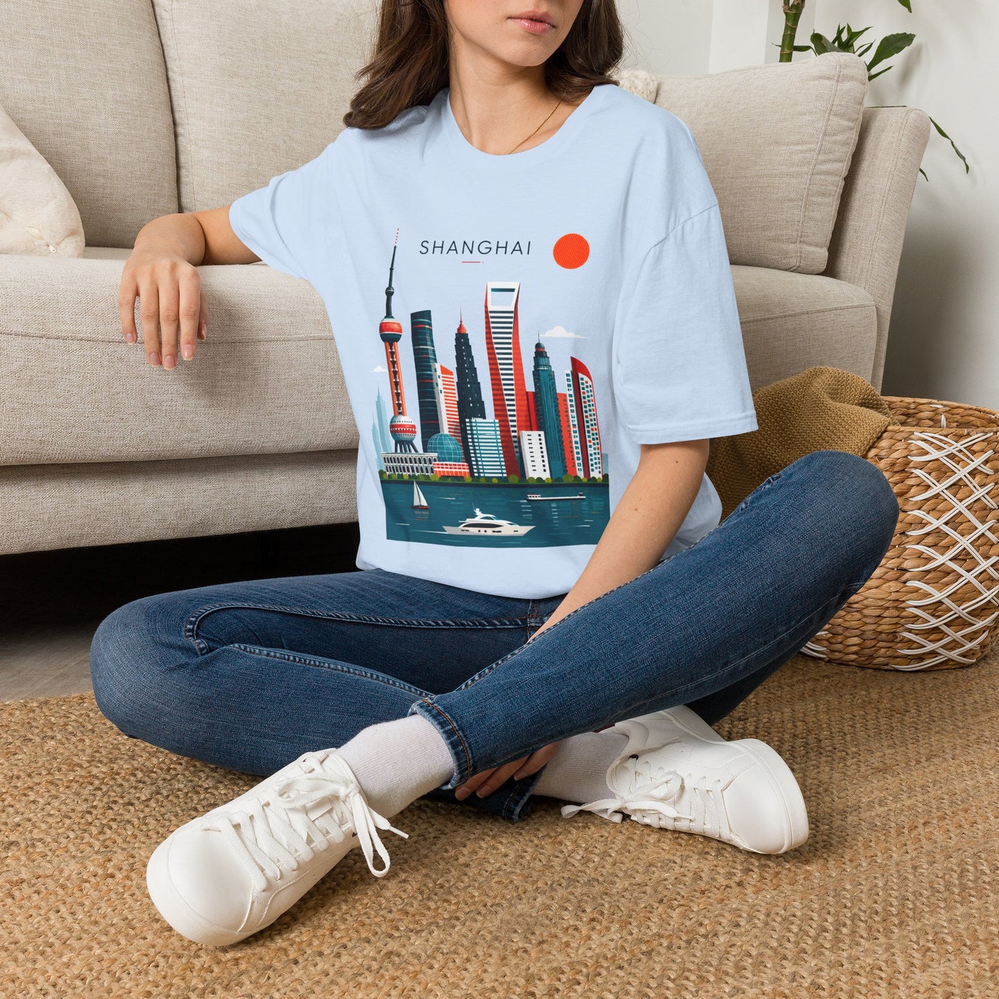 Shanghai Skyline T‑Shirt — Retro Red Sun Cityscape Tee