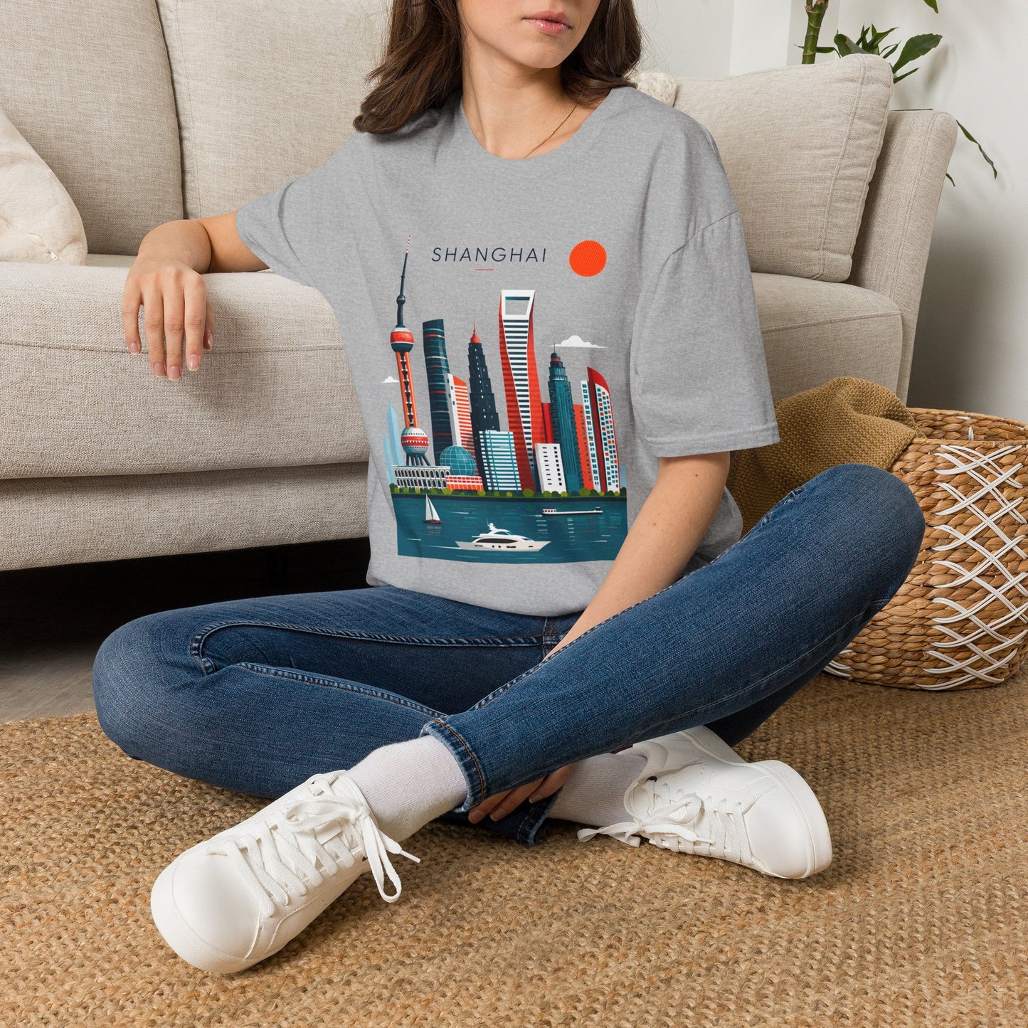 Shanghai Skyline T‑Shirt — Retro Red Sun Cityscape Tee