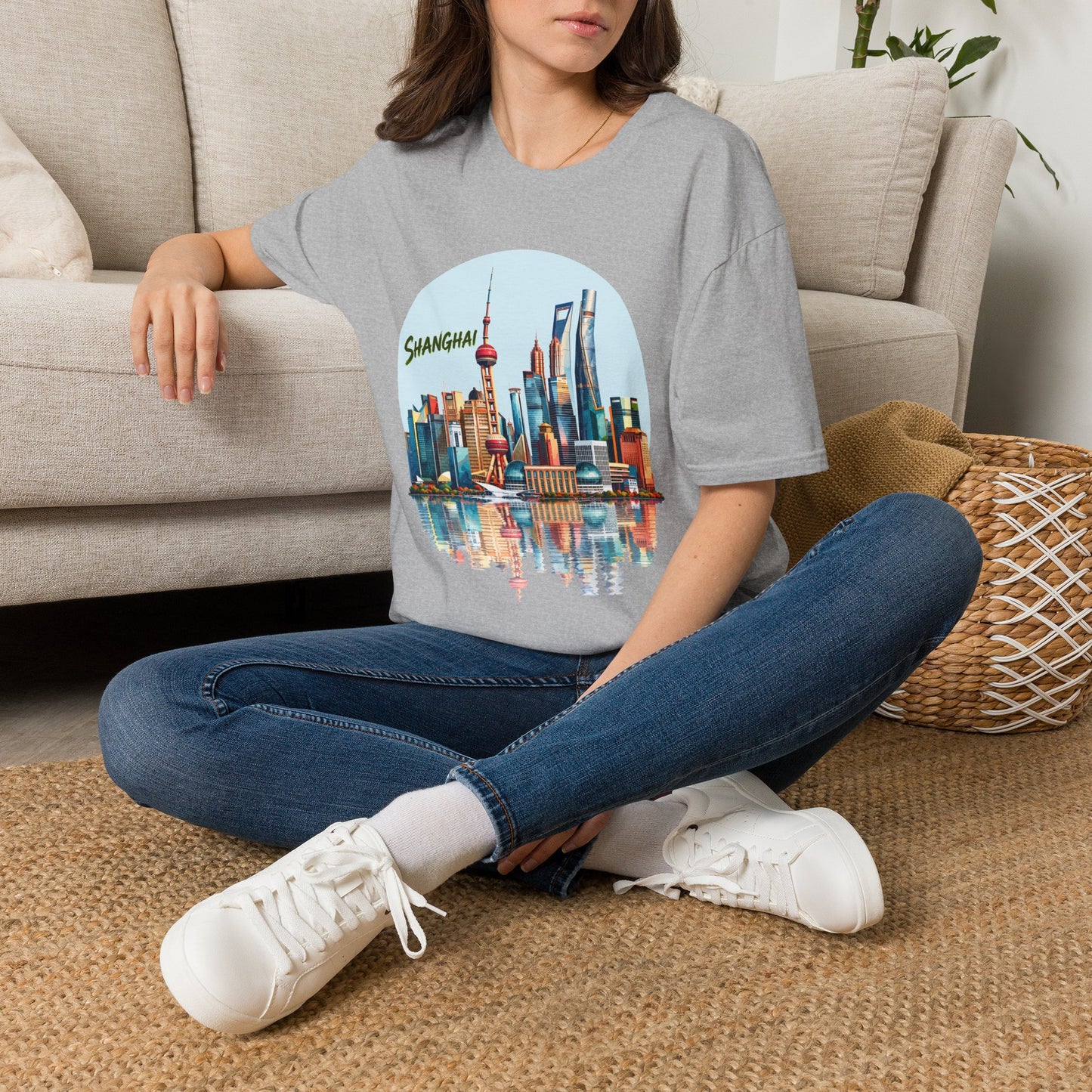 Shanghai Skyline T-Shirt — Retro Cityscape Tee with Reflection