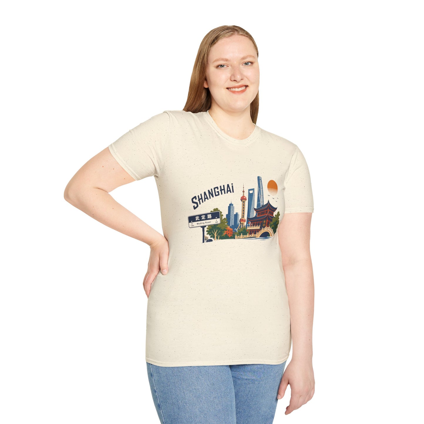 Shanghai Skyline T-Shirt — Retro Cityscape Tee with Oriental Pagoda & Street Sign