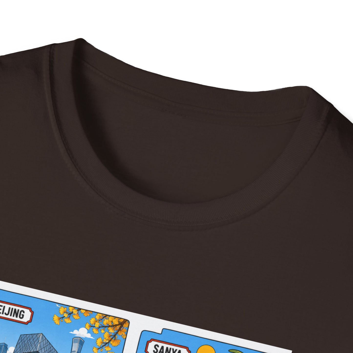 Cityscape Postcard T-Shirt — Retro Travel Collage (Beijing, Santa, Coastal Scenes)