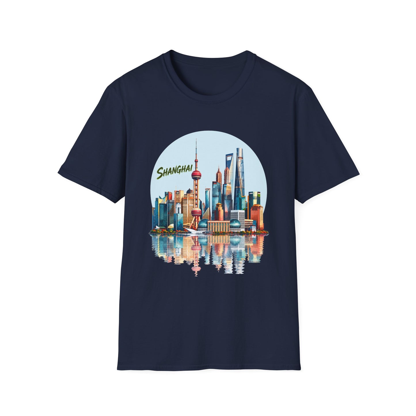 Shanghai Skyline T-Shirt — Retro Cityscape Tee with Reflection