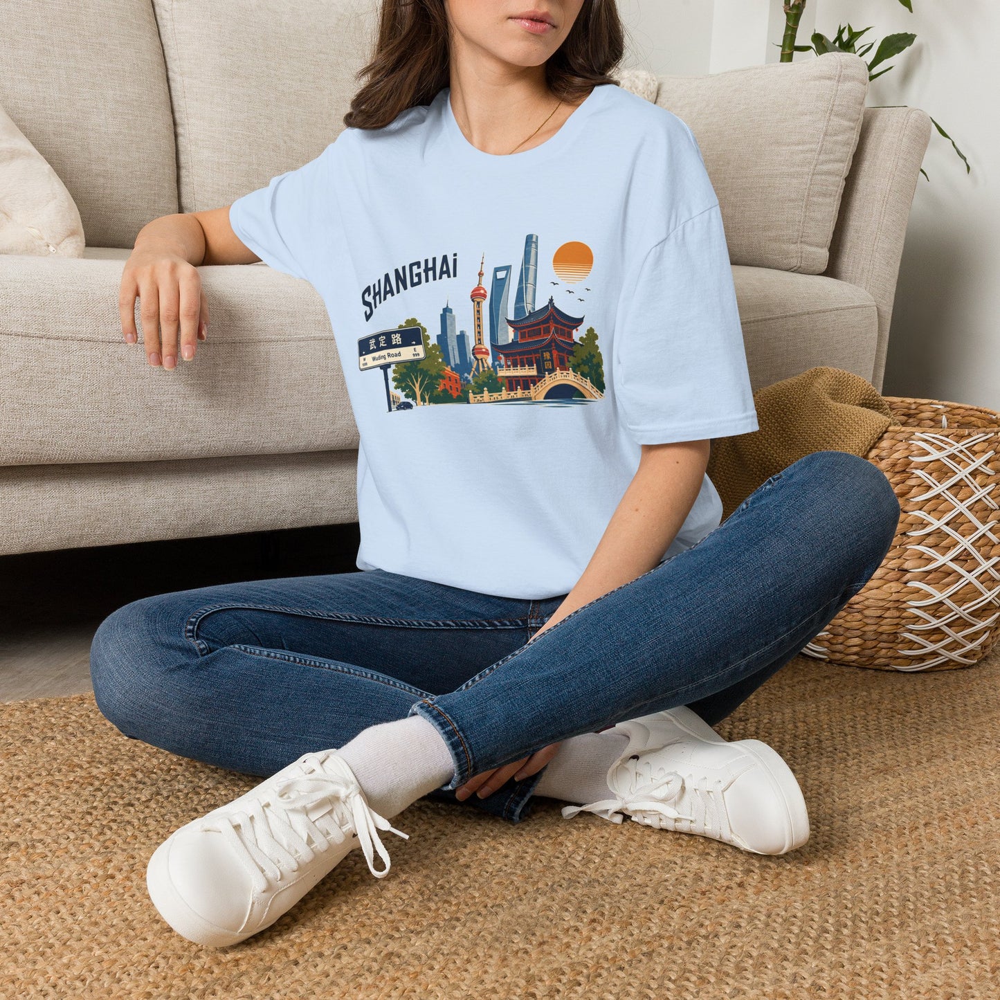 Shanghai Skyline T-Shirt — Vintage Cityscape Tee with Oriental Temple & Pudong Landmarks