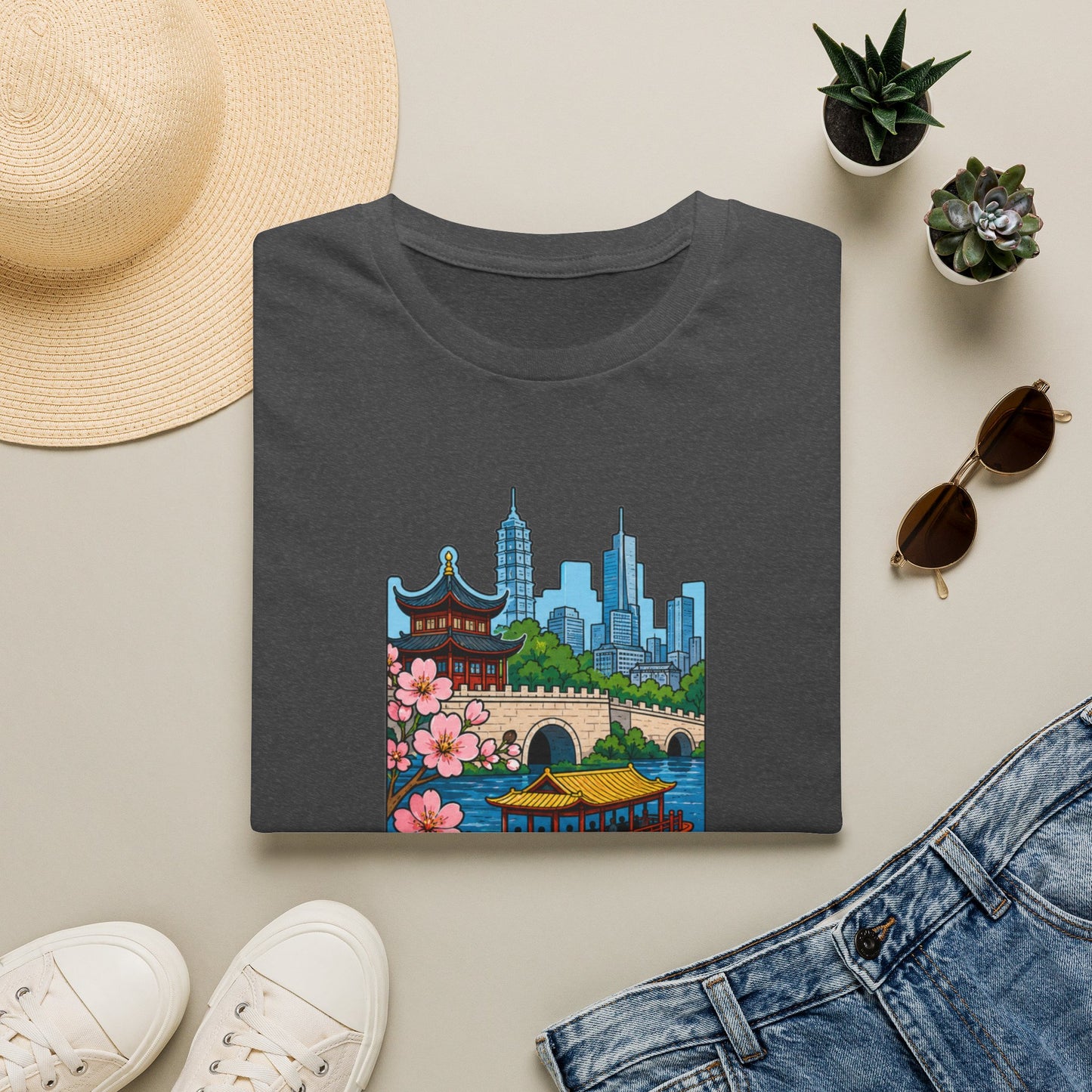 Nanjing Cityscape T-Shirt — Cherry Blossoms, Pagoda & Skyline Travel Shirt