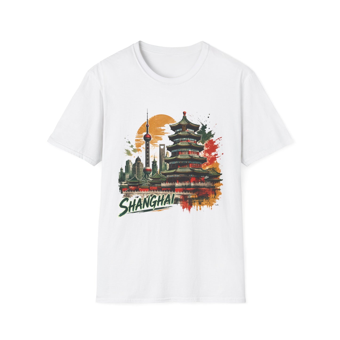 Shanghai Skyline T-Shirt — Watercolor Pagoda & Oriental Sunset Graphic