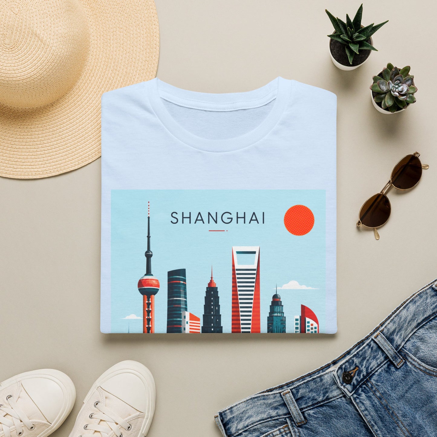 Shanghai Skyline T‑Shirt — Retro Cityscape Tee with 'SHANGHAI' Graphic