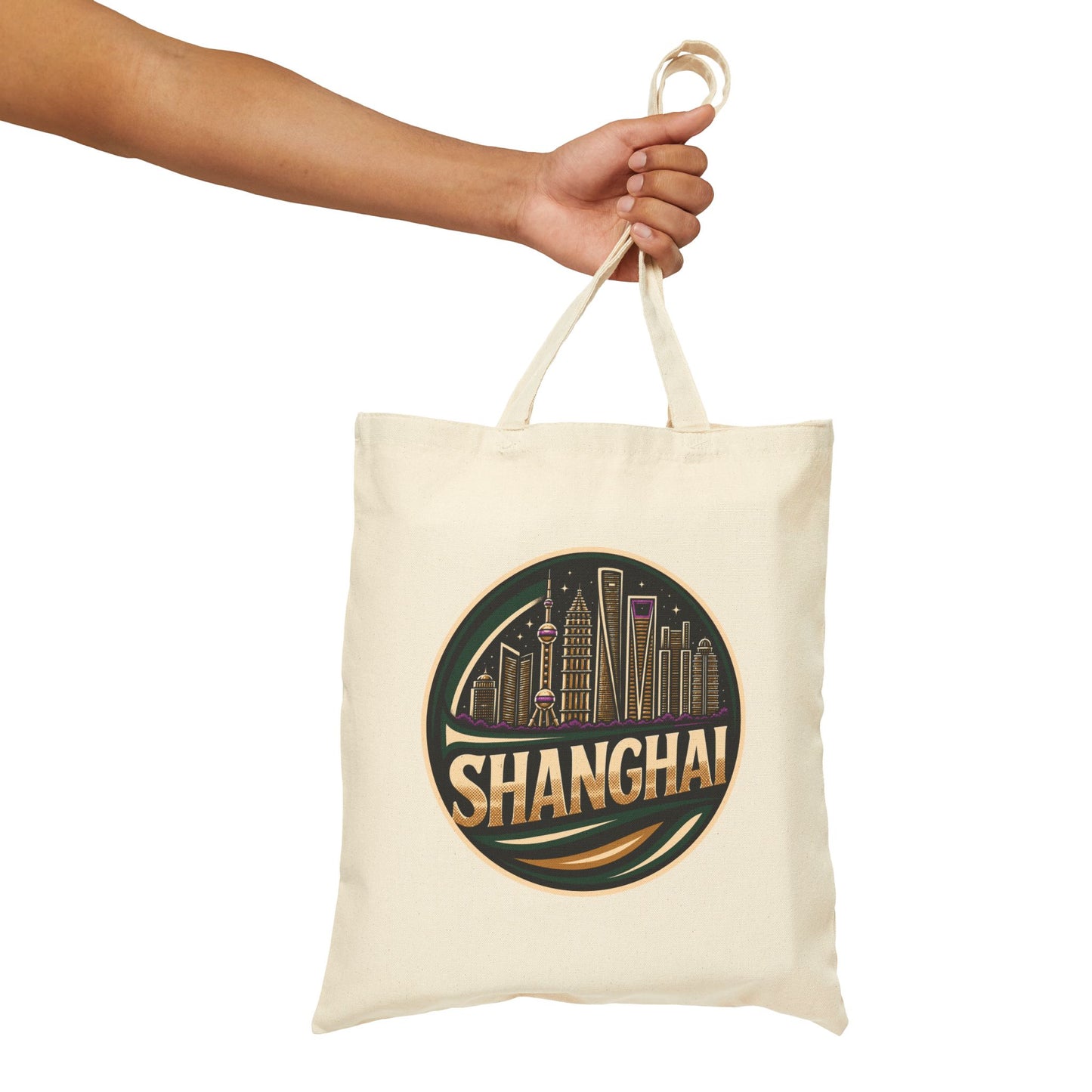 Shanghai Skyline Tote Bag – Retro Cityscape Cotton Canvas Shopper