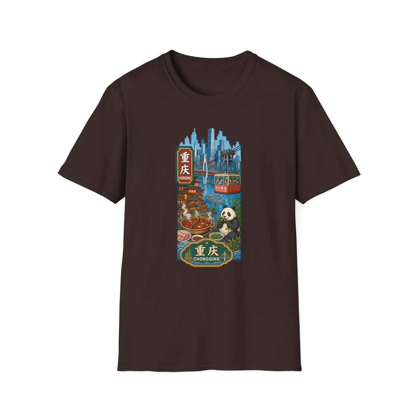 Chongqing Cityscape T-Shirt — Cable Car, Skyline & Night Market Illustration