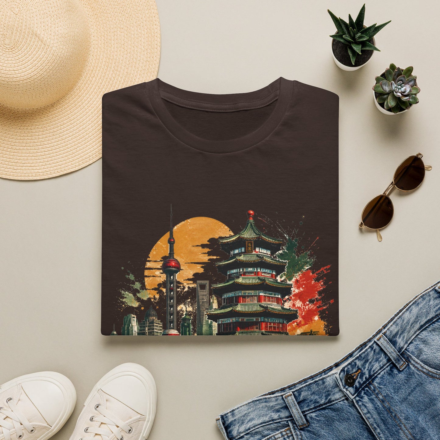 Shanghai Skyline T-Shirt — Watercolor Pagoda & Oriental Sunset Graphic