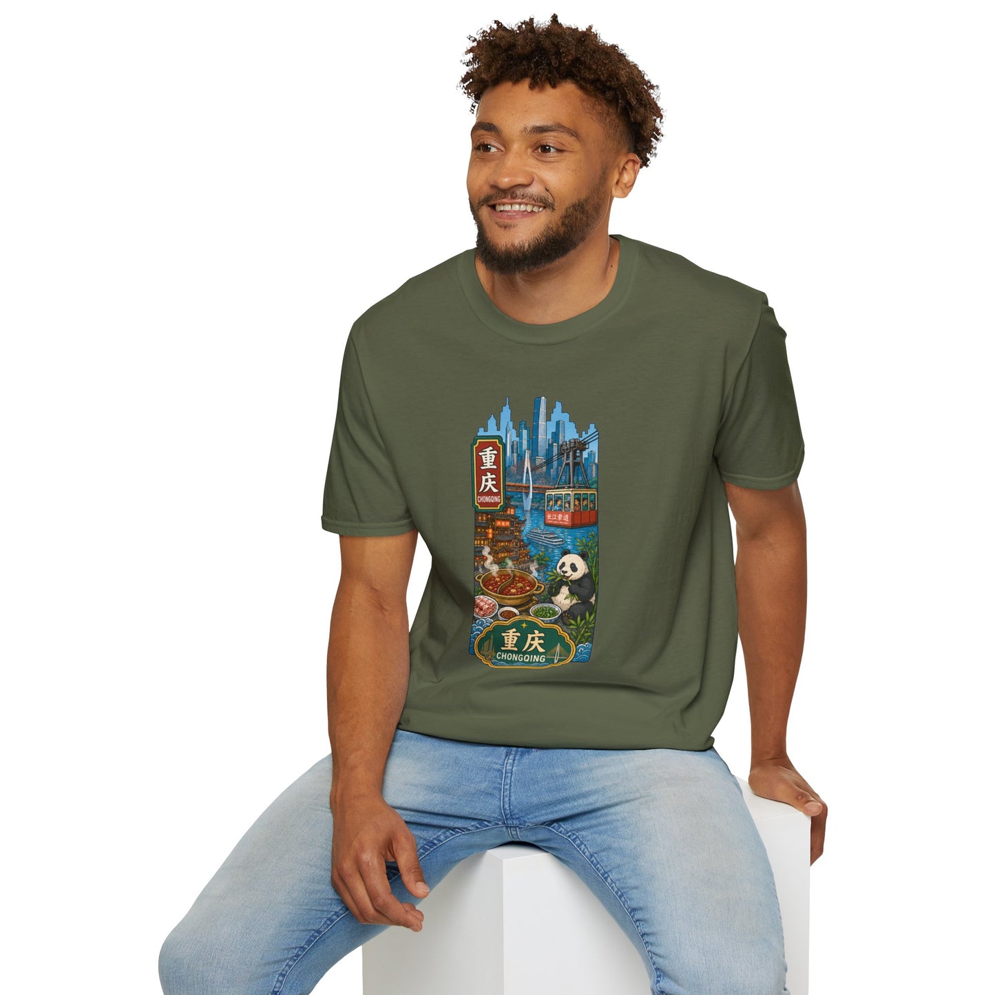 Chongqing Cityscape T-Shirt — Cable Car, Skyline & Night Market Illustration