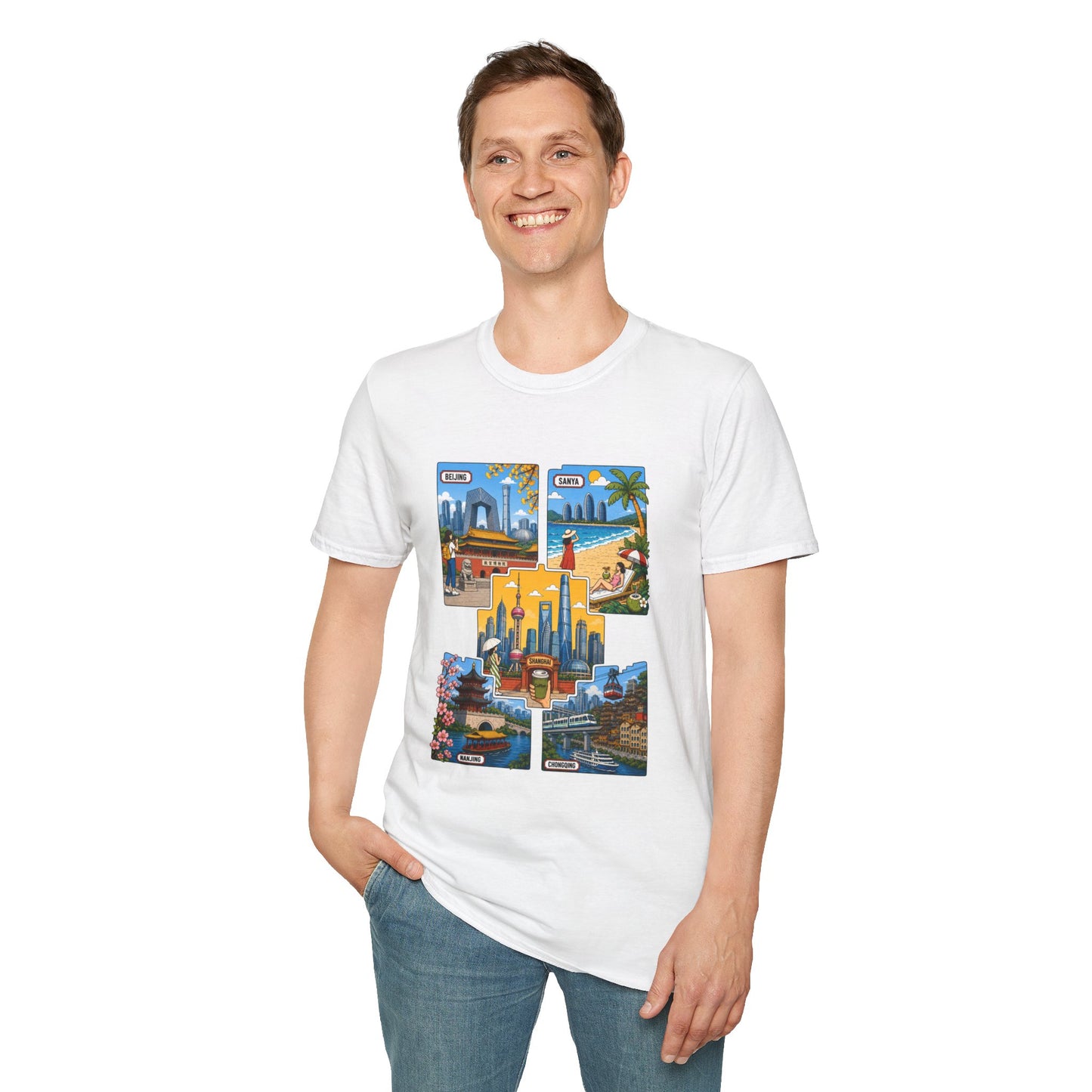 Cityscape Postcard T-Shirt — Retro Travel Collage (Beijing, Santa, Coastal Scenes)