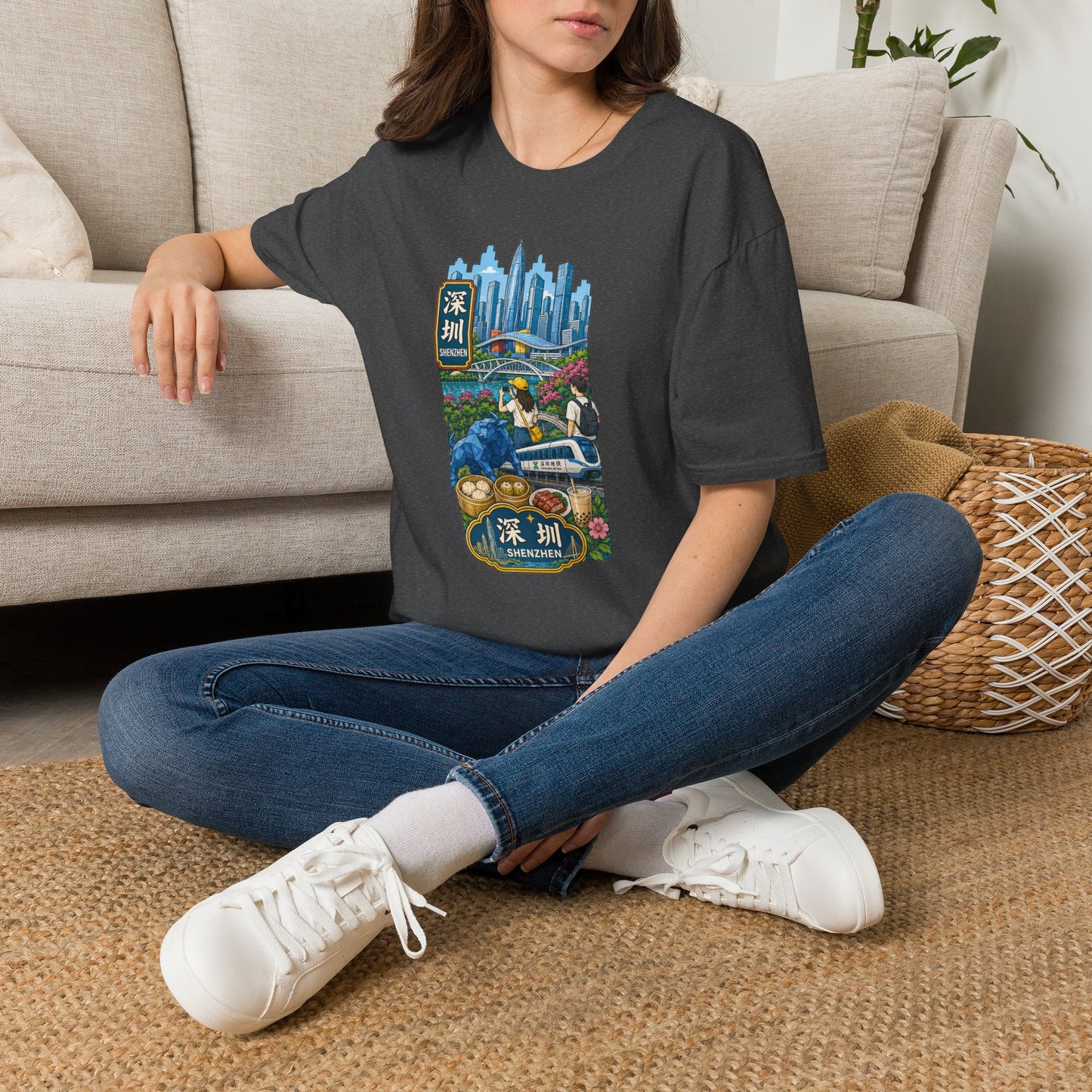 Shenzhen Skyline T-Shirt — Retro Travel City Scene with Chinese Characters
