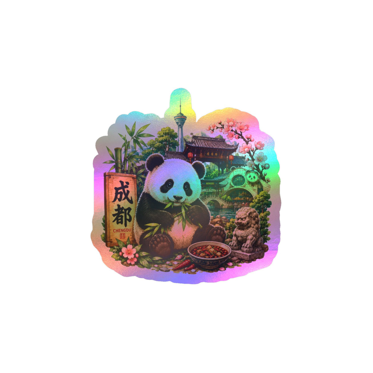 Panda Chengdu Kiss-Cut Vinyl Sticker — Cute Bamboo Scene Decal