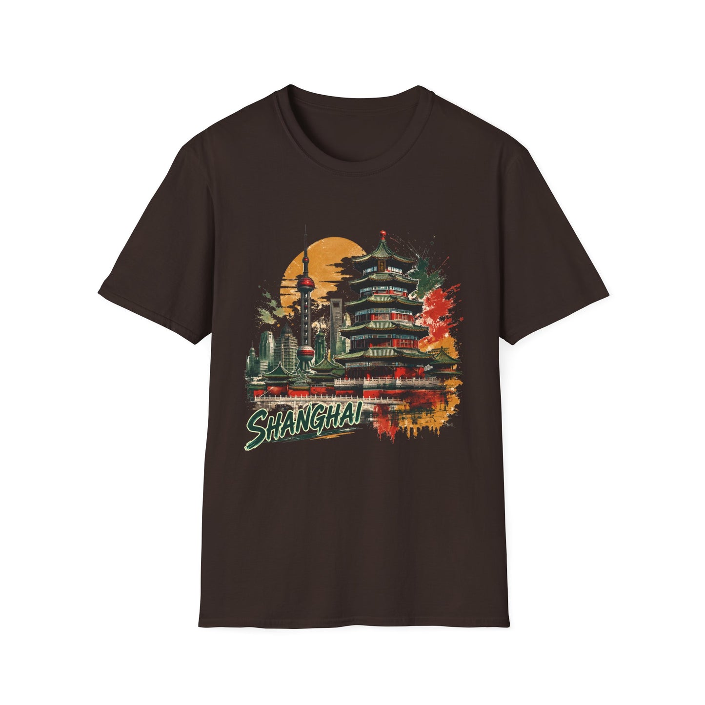 Shanghai Skyline T-Shirt — Watercolor Pagoda & Oriental Sunset Graphic