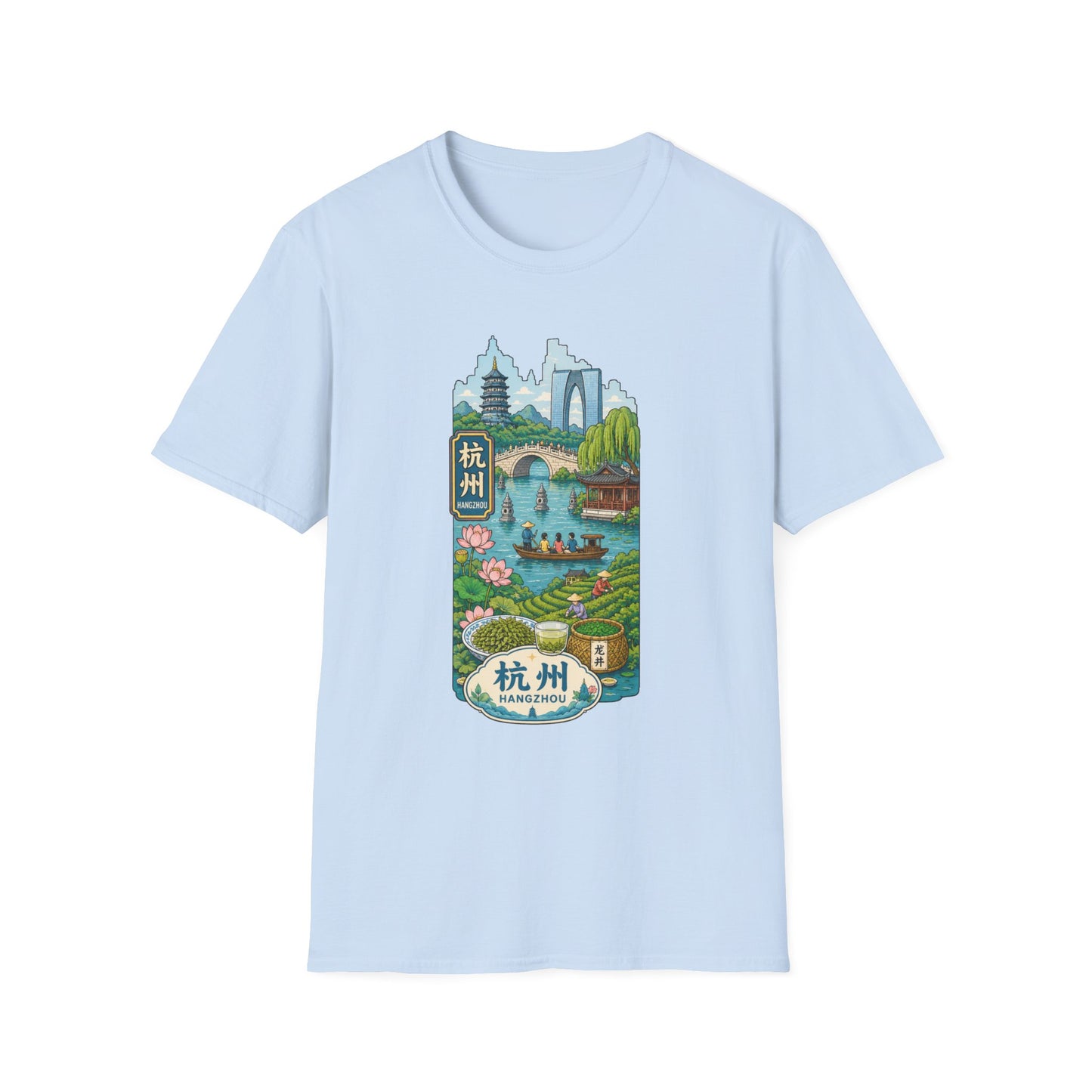Hangzhou Scenic T-Shirt — West Lake Pagoda & Bridge Illustration