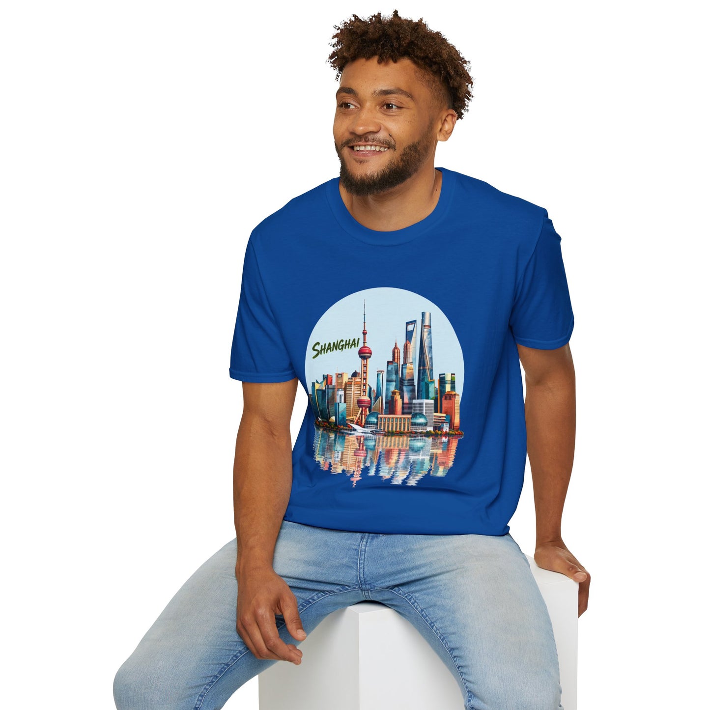 Shanghai Skyline T-Shirt — Retro Cityscape Tee with Reflection