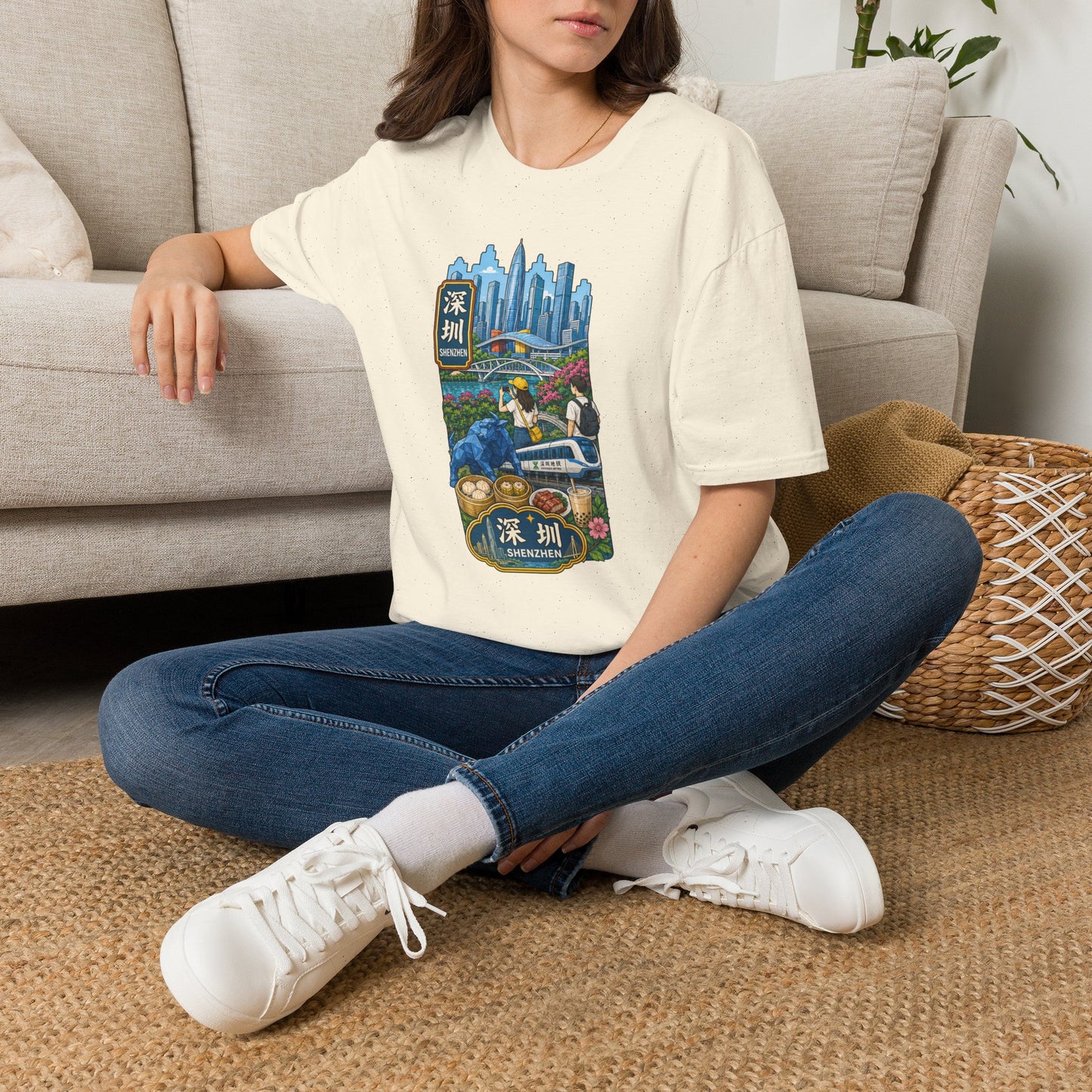 Shenzhen Skyline T-Shirt — Retro Travel City Scene with Chinese Characters
