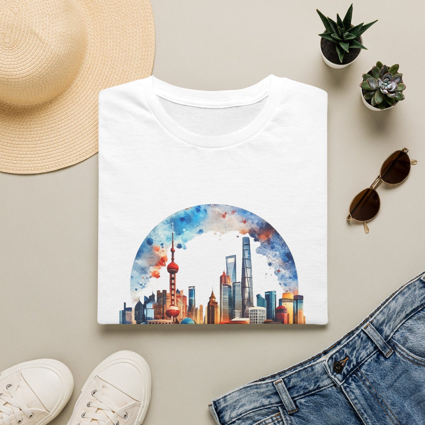 City Skyline T-Shirt — Watercolor Shanghai Landscape Tee