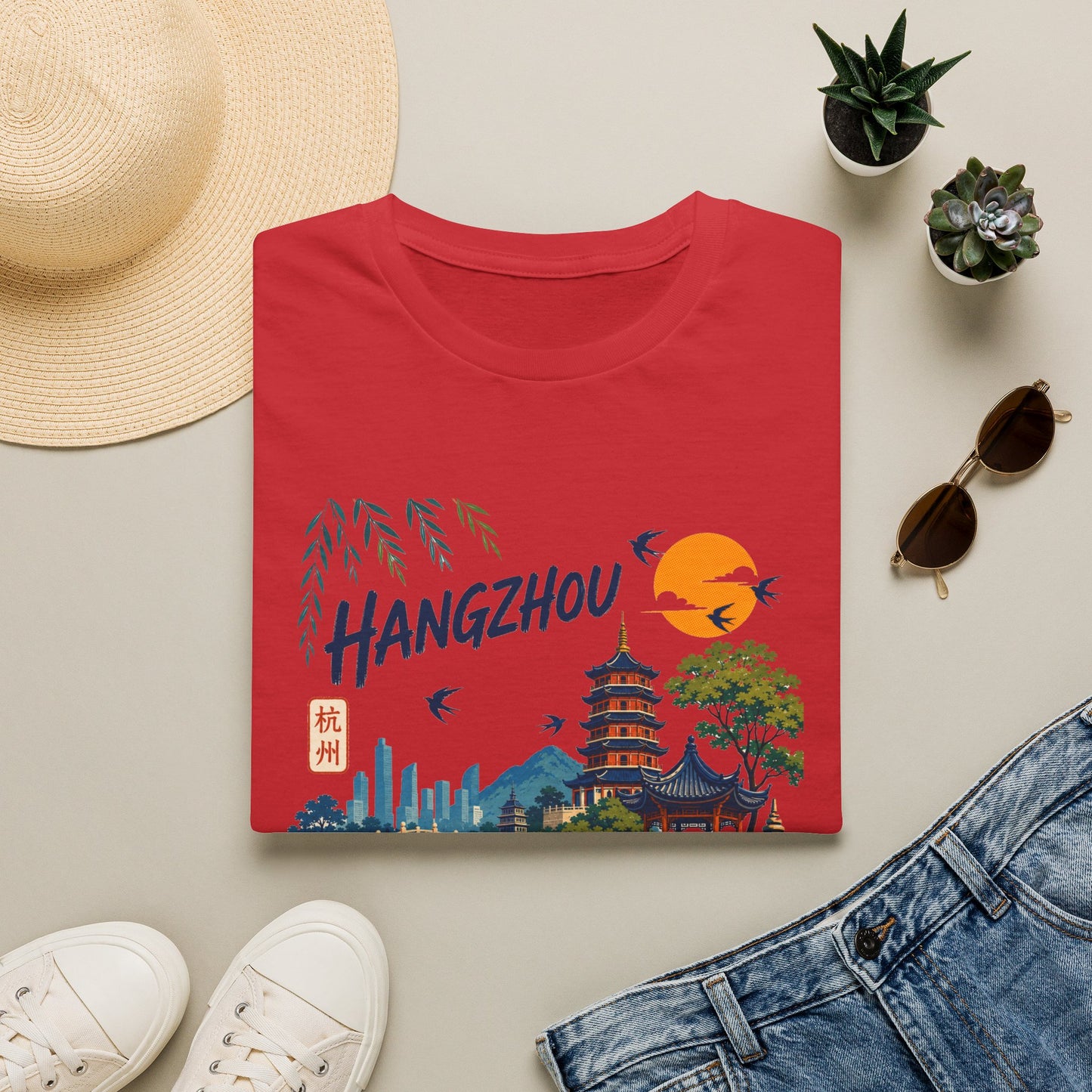 Hangzhou Travel Tee — Scenic Pagoda, Skyline & Sunset Graphic T-Shirt