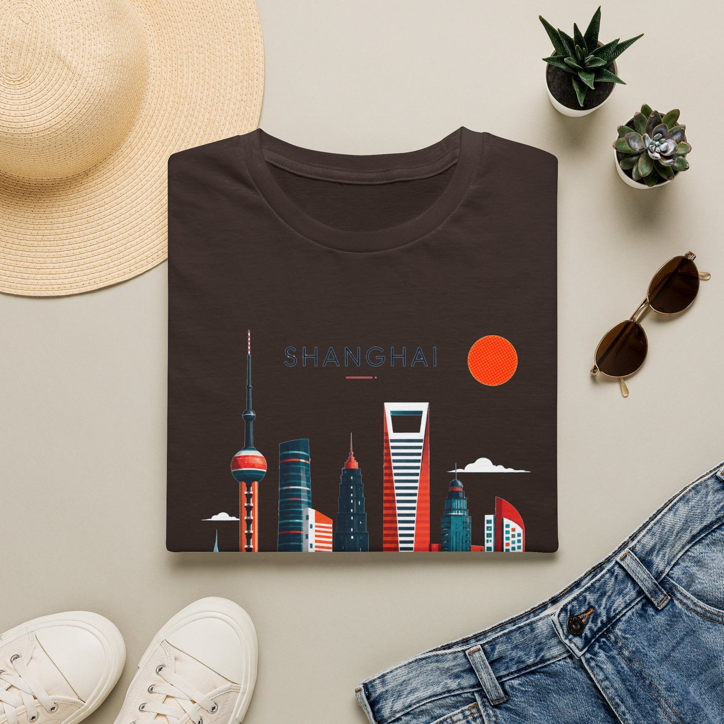 Shanghai Skyline T‑Shirt — Retro Red Sun Cityscape Tee