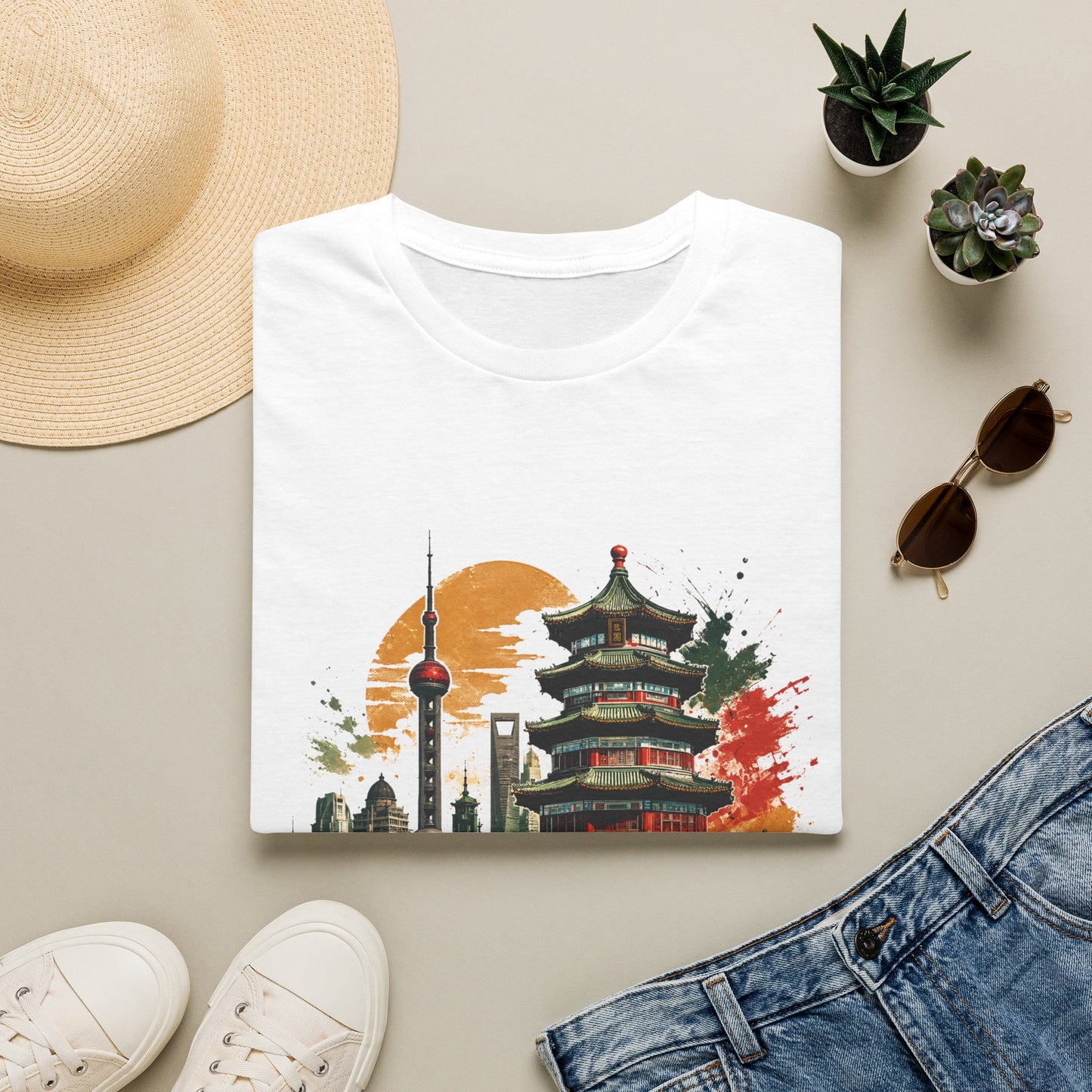 Shanghai skyline T-Shirt — Watercolor Pagoda & Oriental Sunset Tee