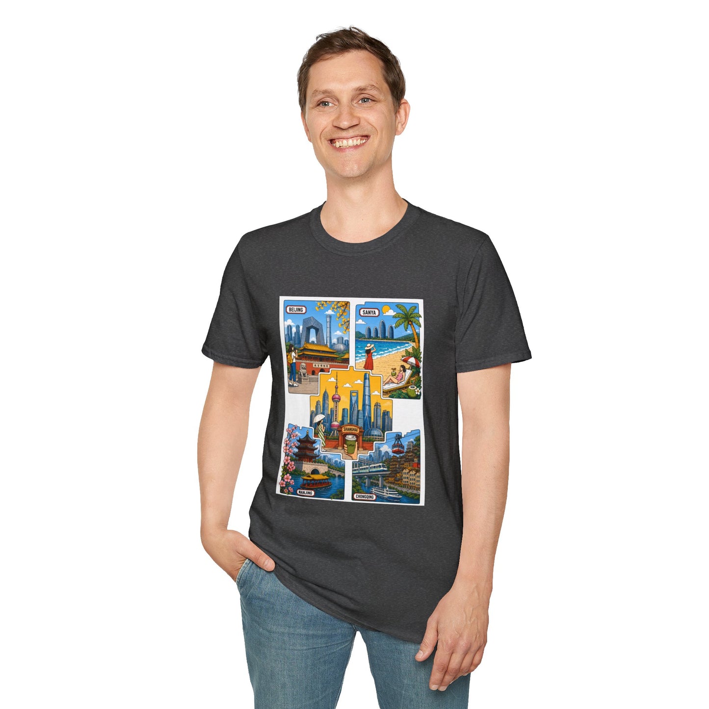 Cityscape Postcard T-Shirt — Retro Travel Collage (Beijing, Santa, Coastal Scenes)