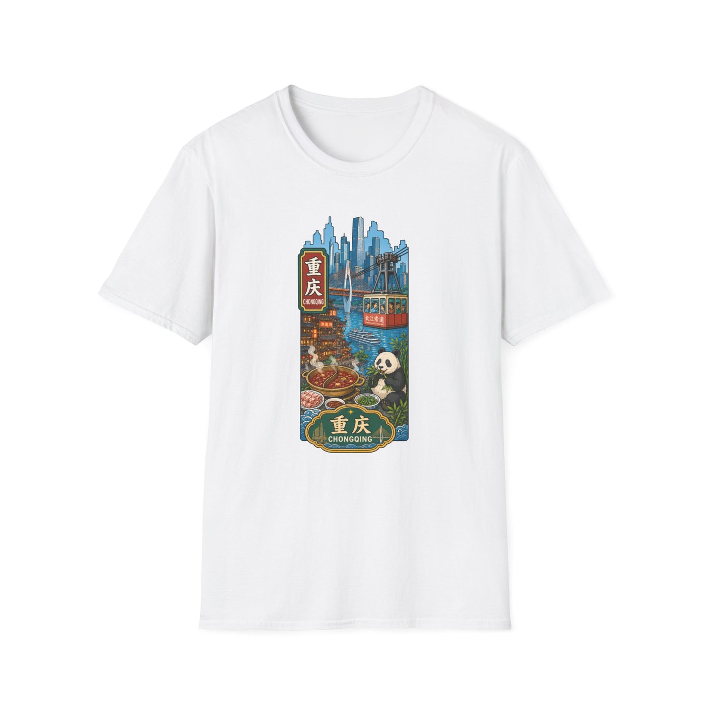 Chongqing Cityscape T-Shirt — Cable Car, Skyline & Night Market Illustration