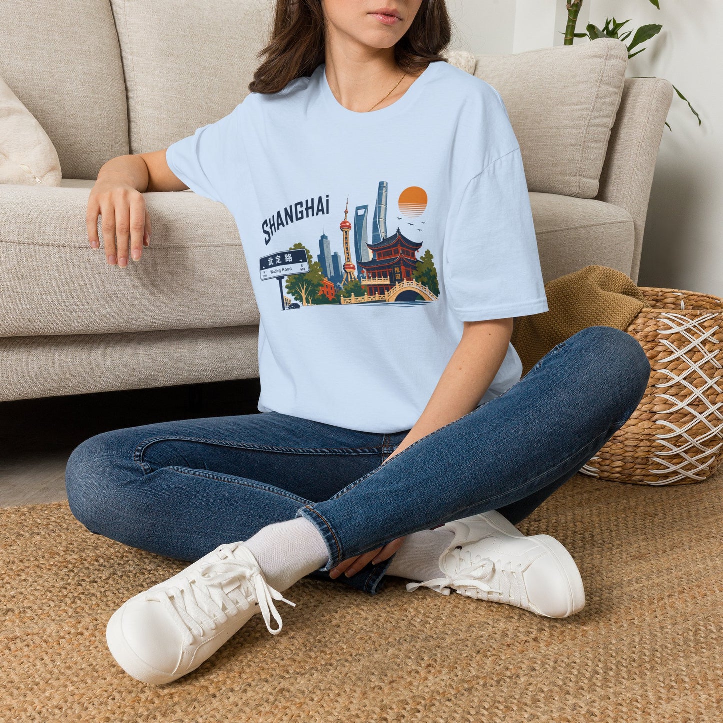 Shanghai Skyline T-Shirt — Retro Cityscape Tee with Oriental Pagoda & Street Sign