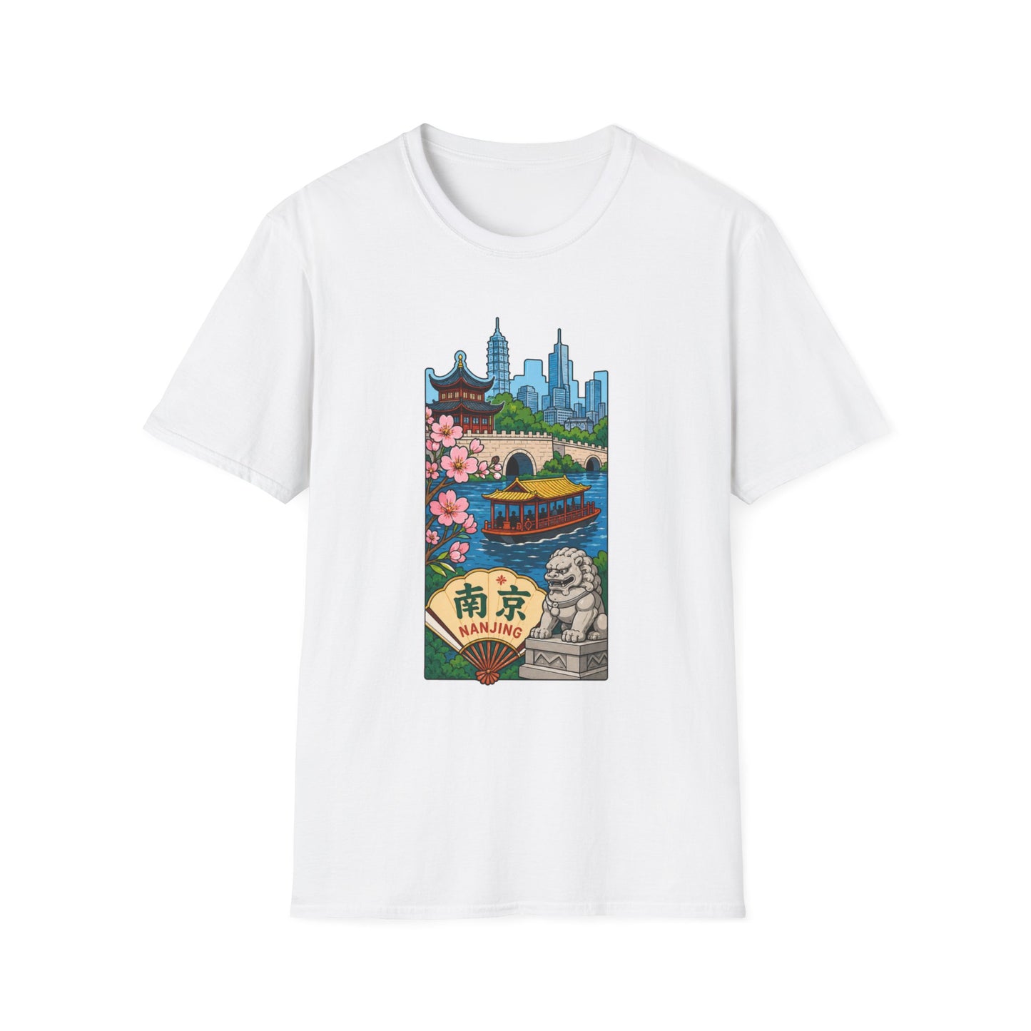 Nanjing Cityscape T-Shirt — Cherry Blossoms, Pagoda & Skyline Travel Shirt