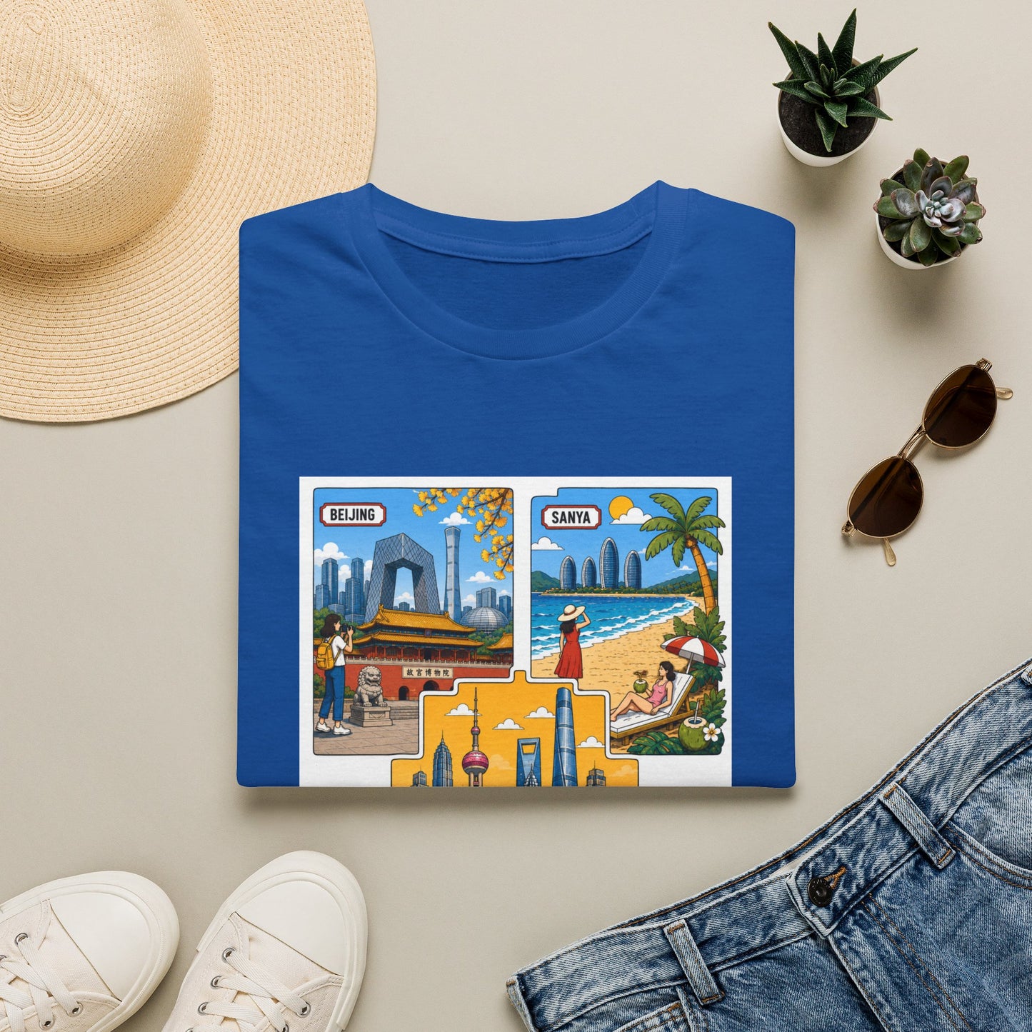 Cityscape Postcard T-Shirt — Retro Travel Collage (Beijing, Santa, Coastal Scenes)
