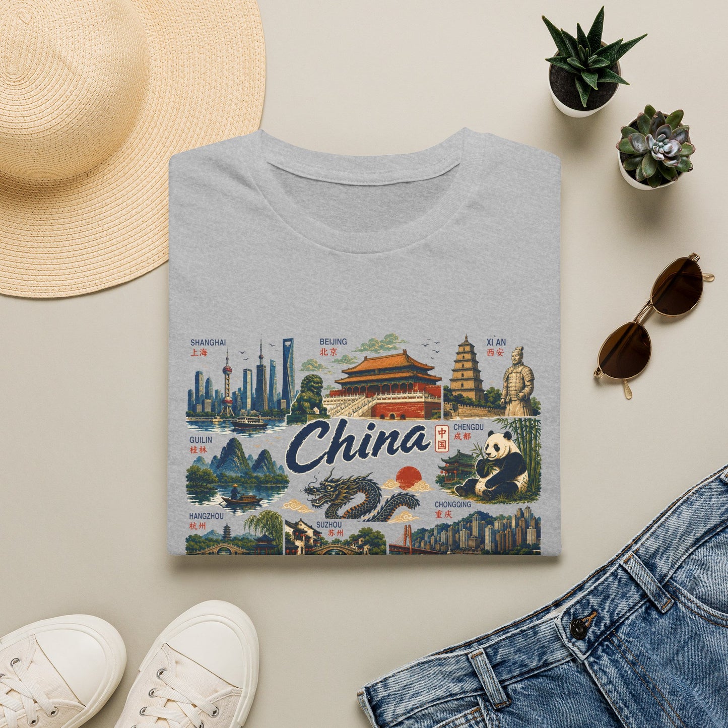 China Landmarks T-Shirt — Panda, Great Wall & Skyline Travel Tee