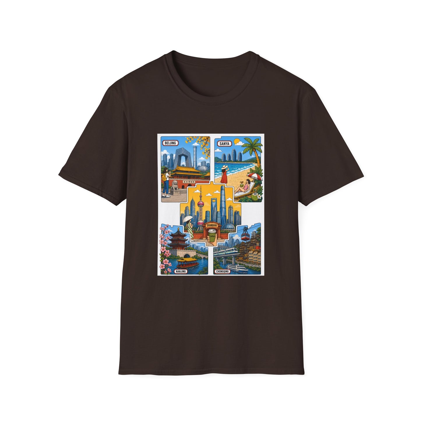 Cityscape Postcard T-Shirt — Retro Travel Collage (Beijing, Santa, Coastal Scenes)
