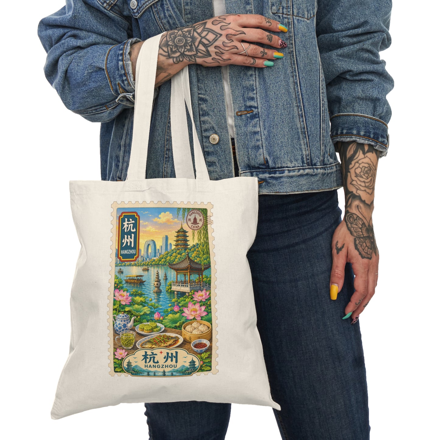 Hangzhou Travel Stamp Tote Bag — Vintage Chinese Cityscape Cotton Tote