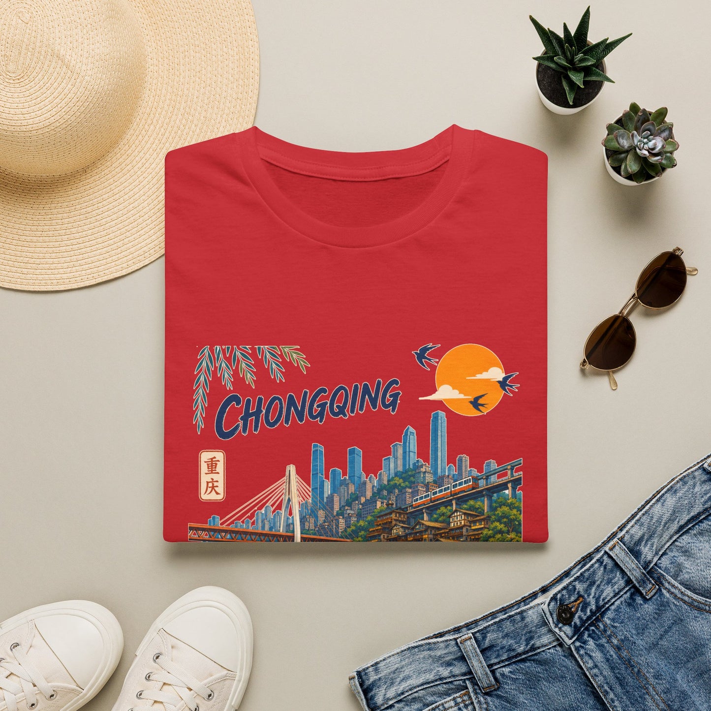 Chongqing Cityscape T-Shirt — Retro Sunset Asian Travel Tee
