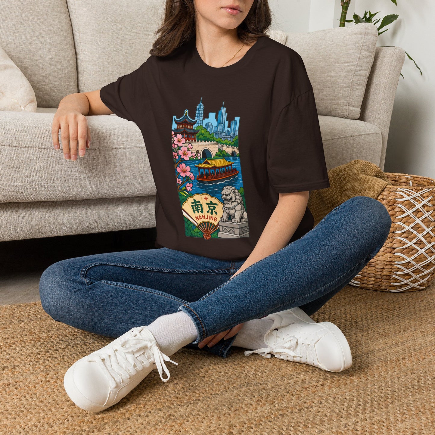 Nanjing Cityscape T-Shirt — Cherry Blossoms, Pagoda & Skyline Travel Shirt