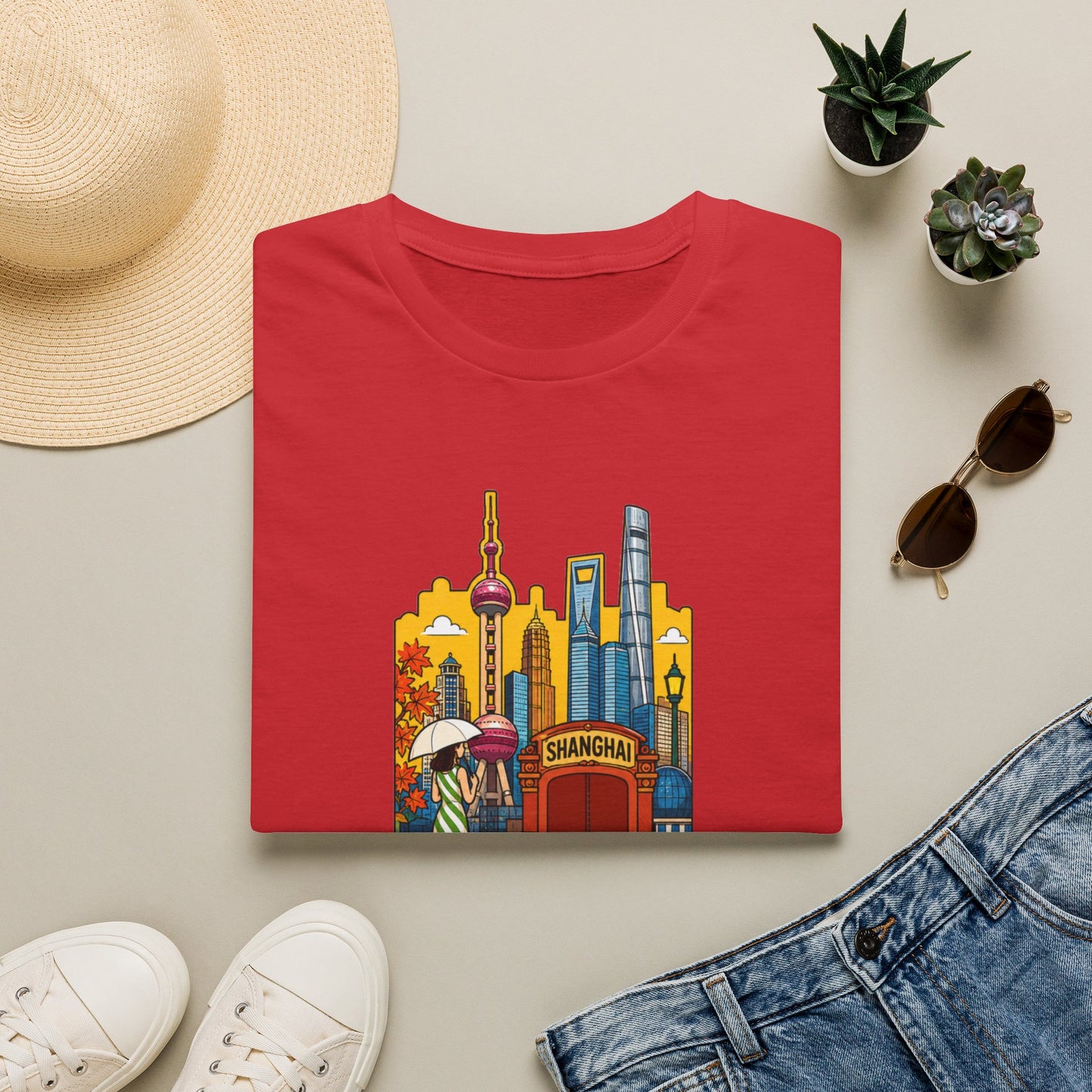 Shanghai Skyline T-Shirt — Vintage Cityscape with Chinese Characters