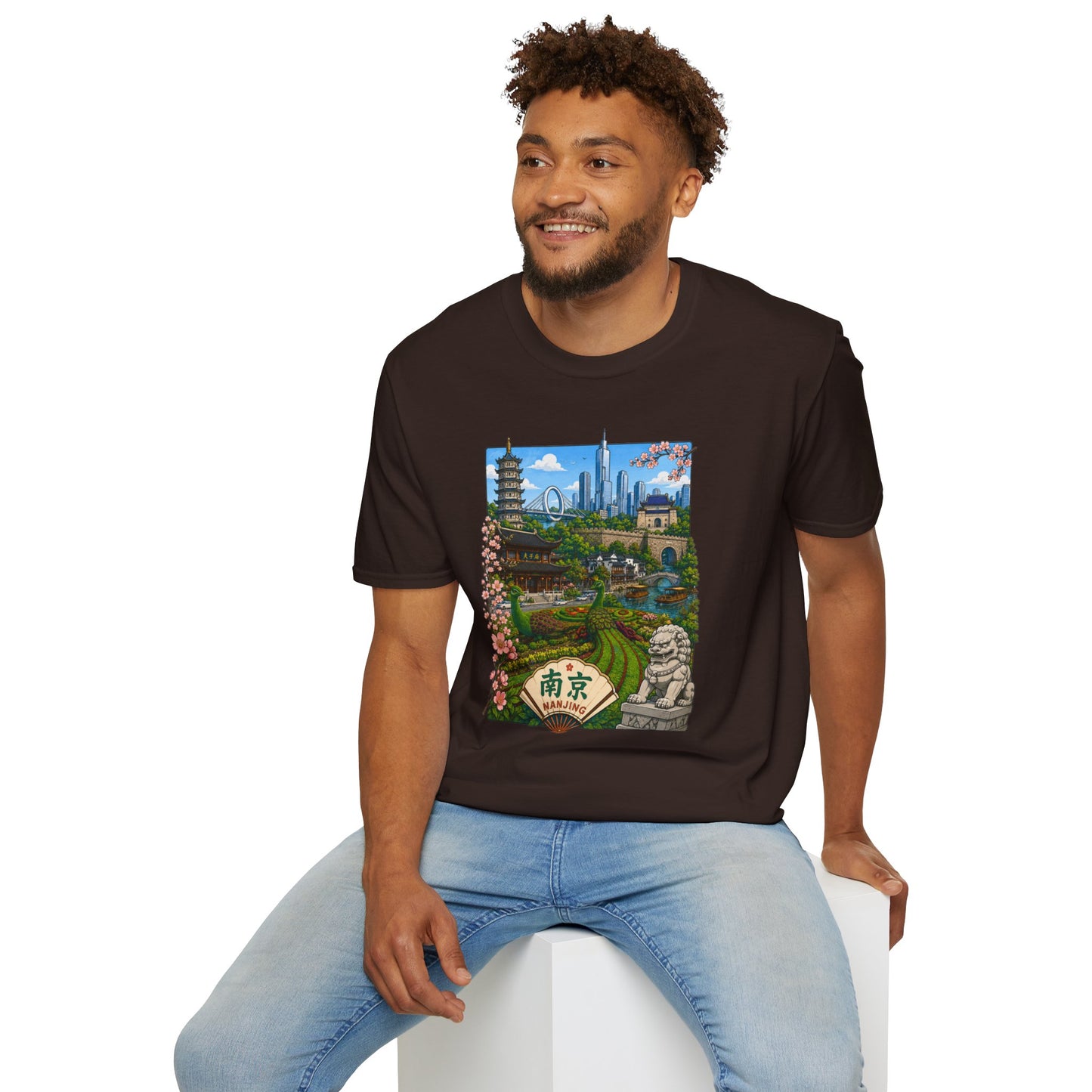 Nanjing Skyline T-Shirt — Scenic Cityscape with Pagoda & Cherry Blossoms