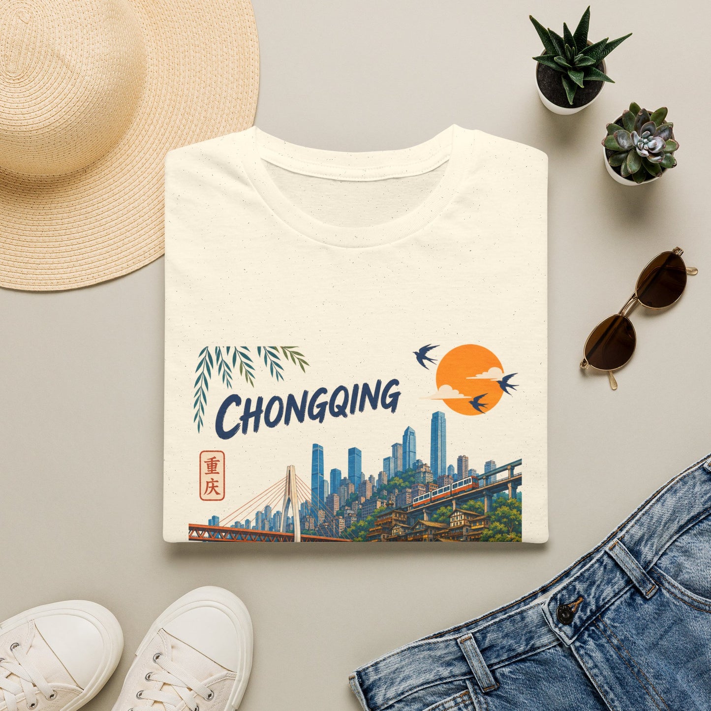 Chongqing Cityscape T-Shirt — Retro Sunset Asian Travel Tee