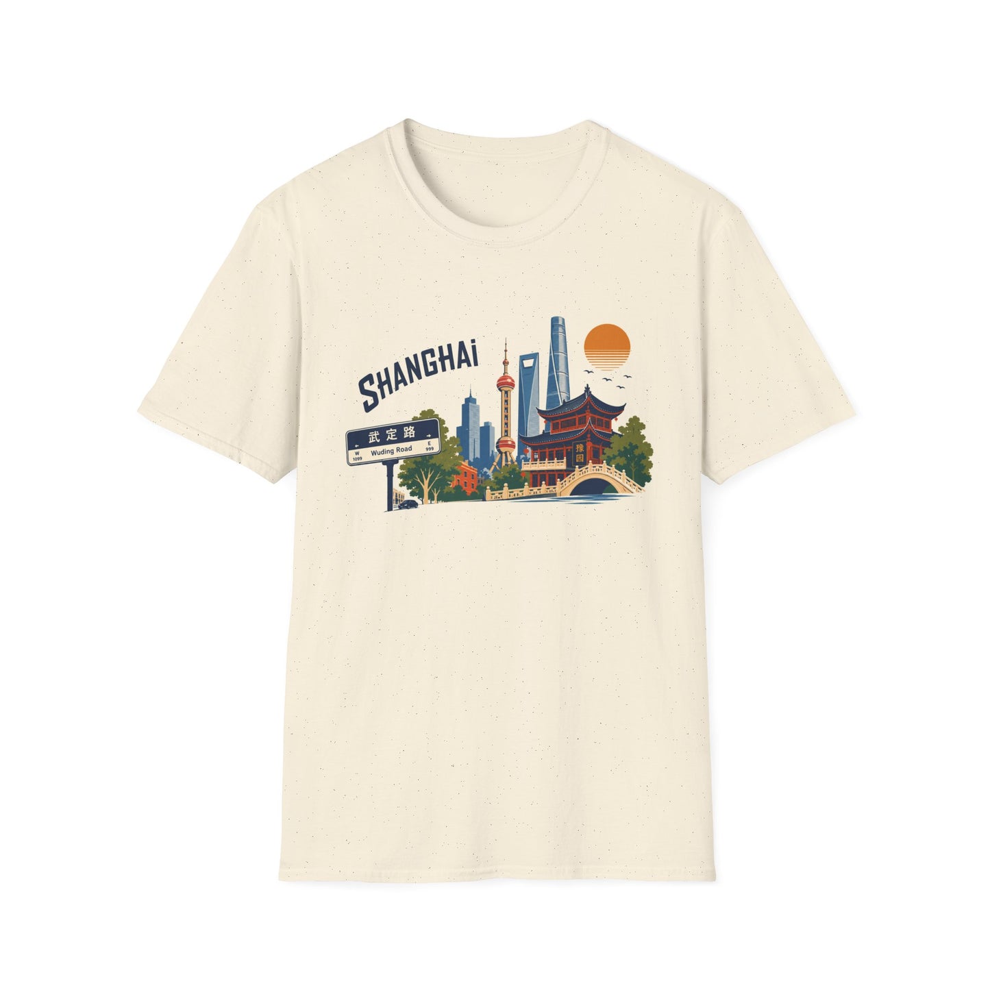 Shanghai Skyline T-Shirt — Vintage Cityscape Tee with Oriental Temple & Pudong Landmarks