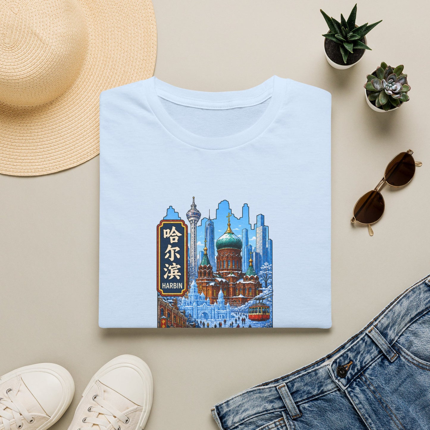 Harbin Cityscape T-Shirt — Snowy Cathedral & Skyline Travel Tee
