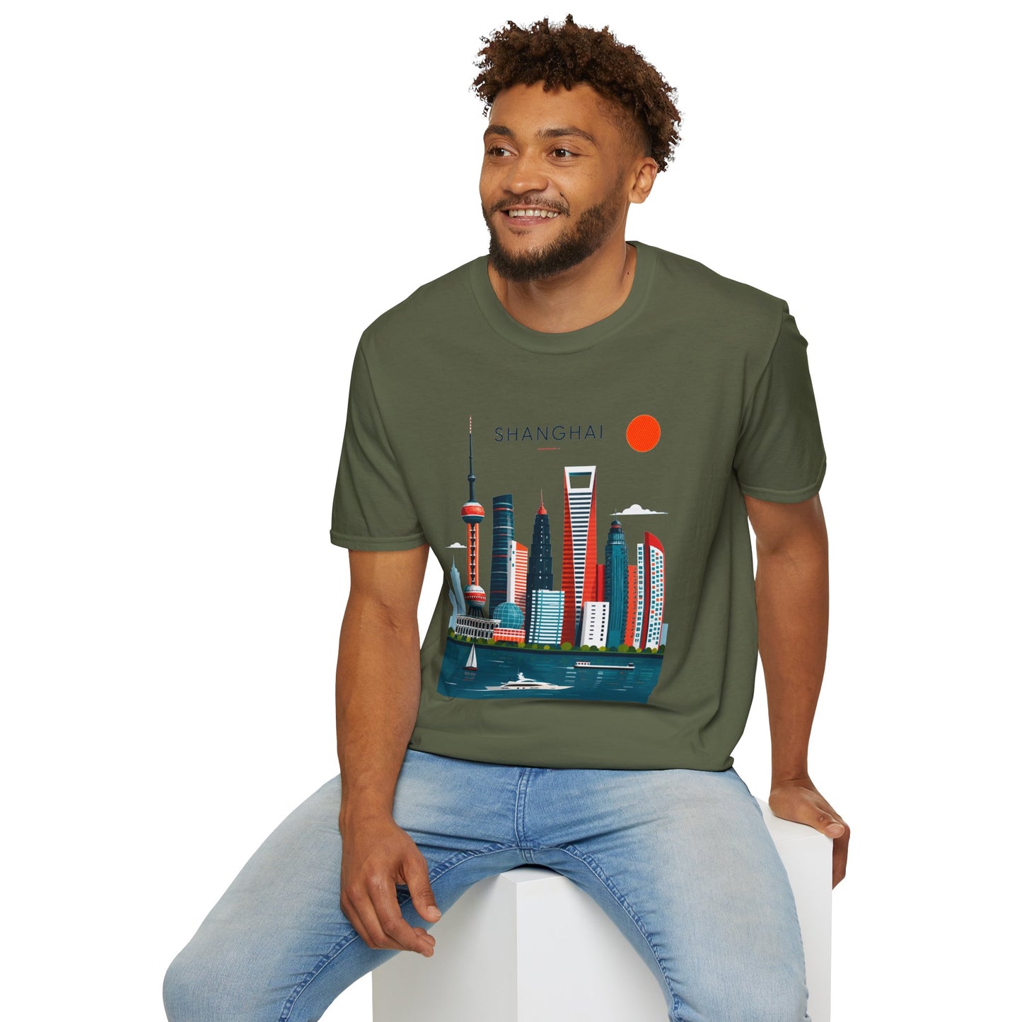 Shanghai Skyline T‑Shirt — Retro Red Sun Cityscape Tee